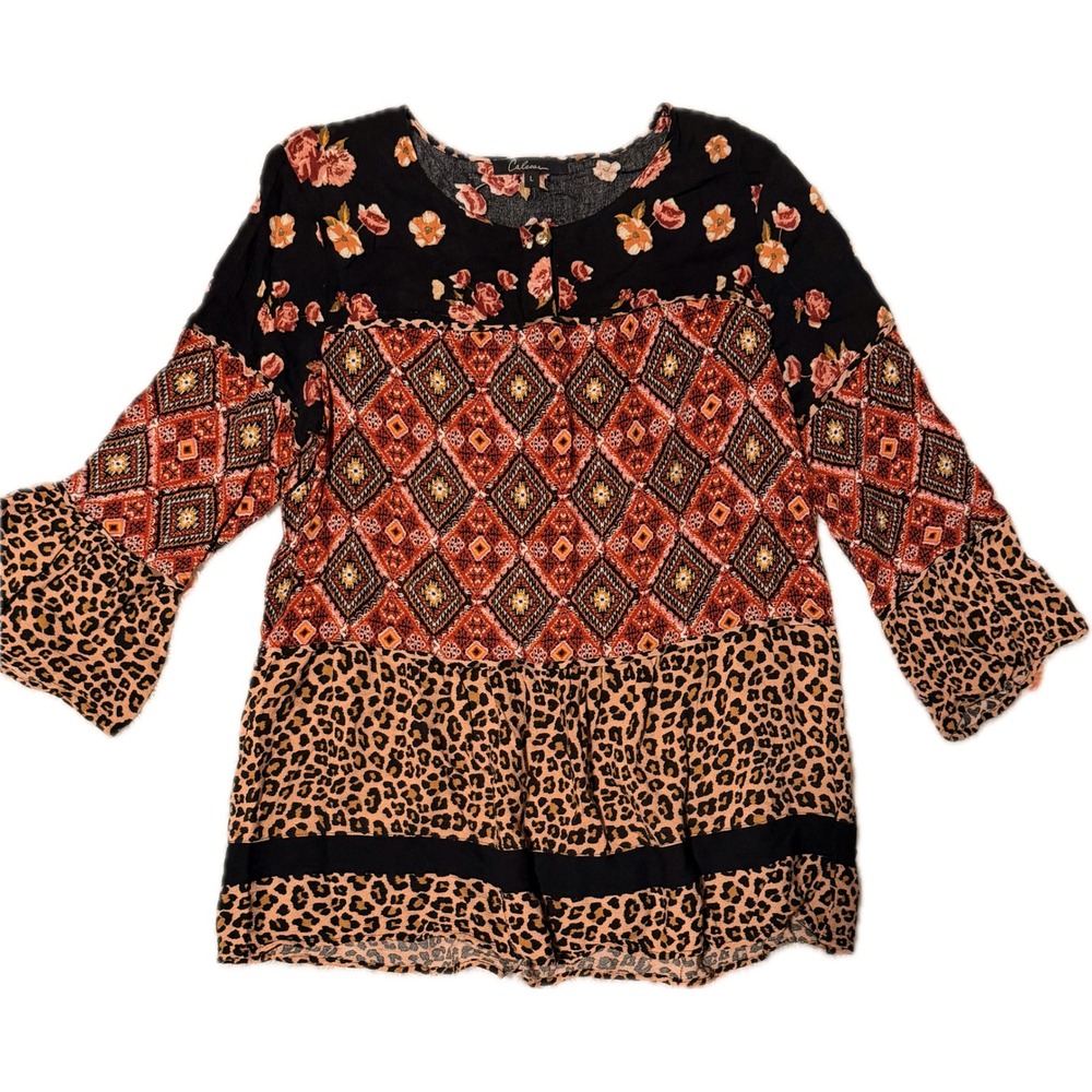 Calessa Mixed Media Patchwork Tunic Top Leopard Floral Diamond Print Large